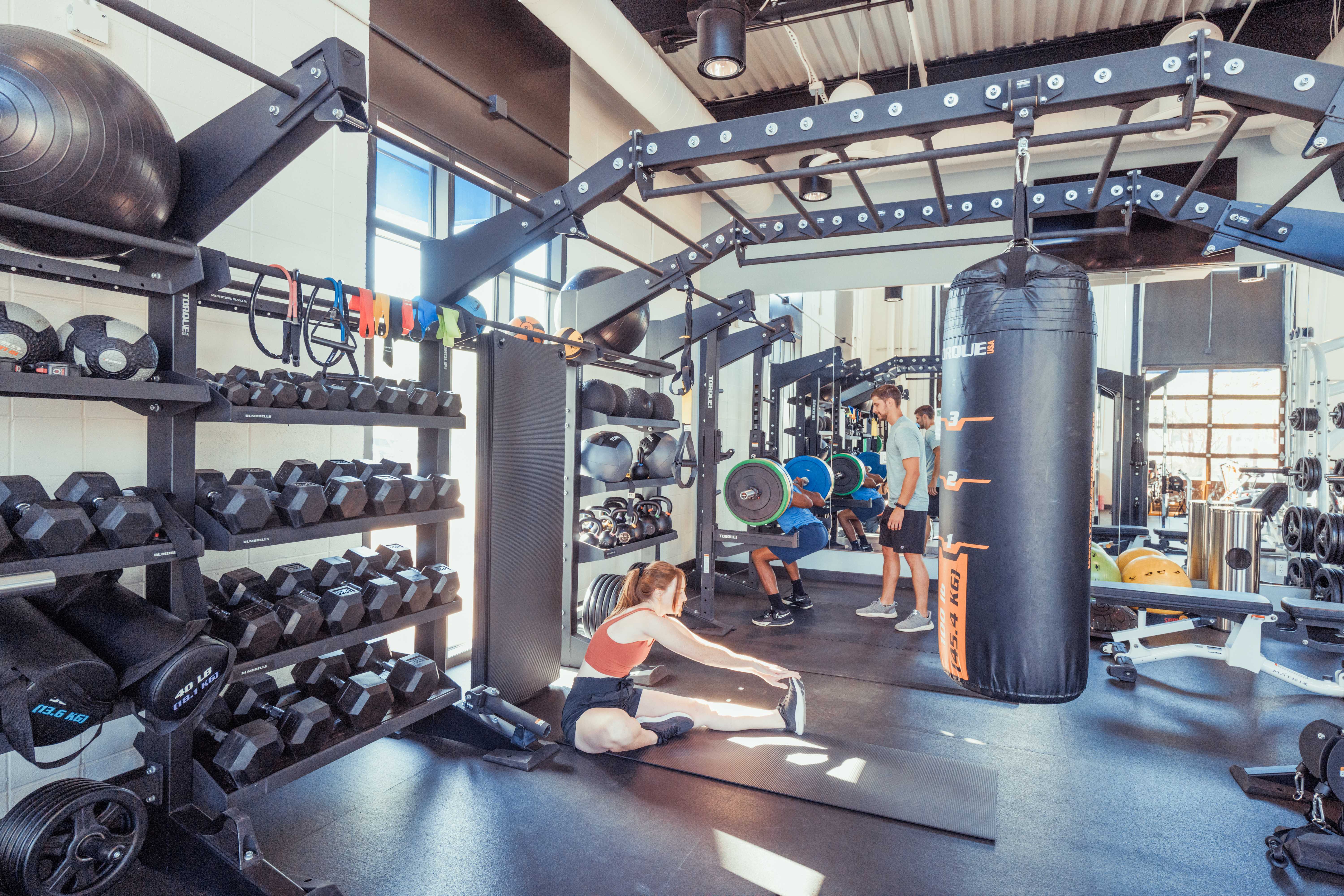 Two people working out in a gym